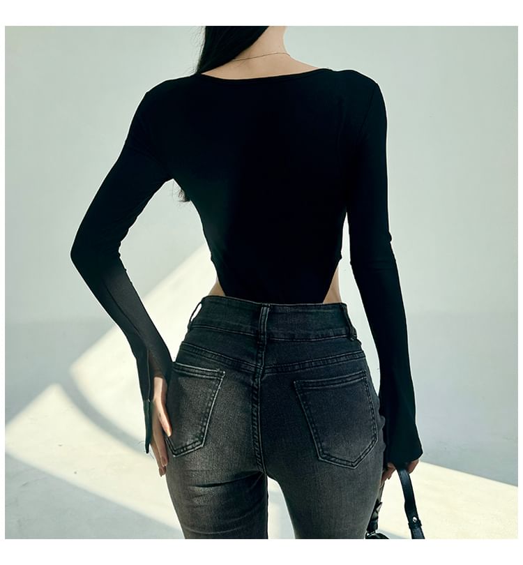 Scoop Neck Bodysuit Top with Half Zip and Long Sleeves