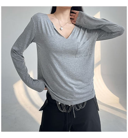 Classic V-Neck Long-Sleeve Solid T-Shirt