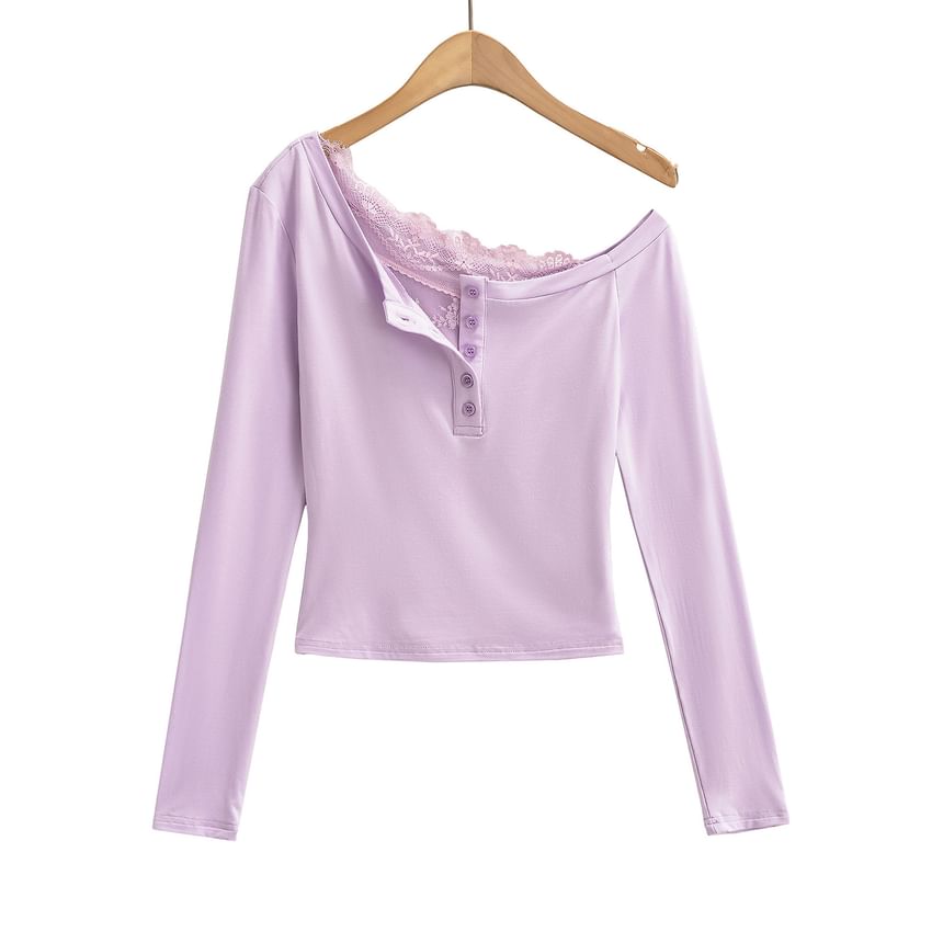 One-Shoulder Long-Sleeve Top with Lace Trim and Buttons