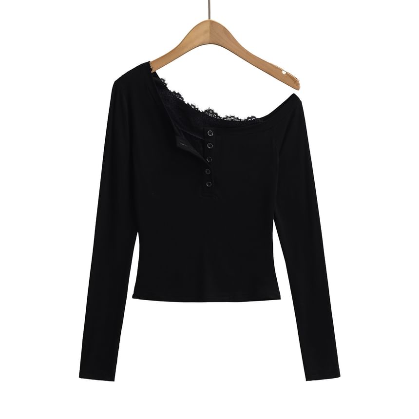 One-Shoulder Long-Sleeve Top with Lace Trim and Buttons