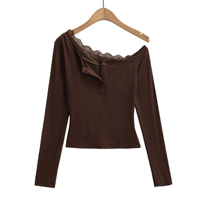 One-Shoulder Long-Sleeve Top with Lace Trim and Buttons