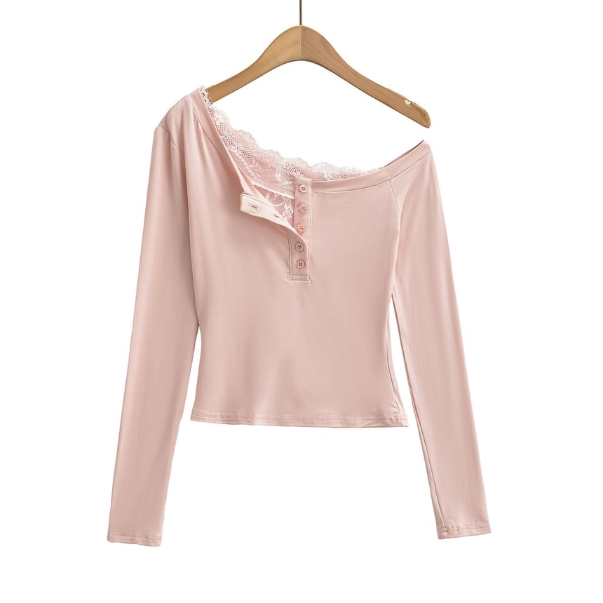 One-Shoulder Long-Sleeve Top with Lace Trim and Buttons