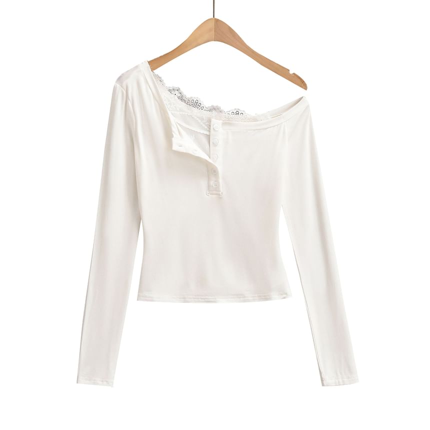 One-Shoulder Long-Sleeve Top with Lace Trim and Buttons