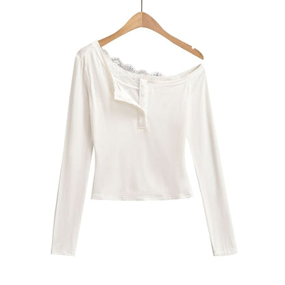 One-Shoulder Long-Sleeve Top with Lace Trim and Buttons
