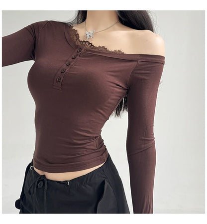 One-Shoulder Long-Sleeve Top with Lace Trim and Buttons