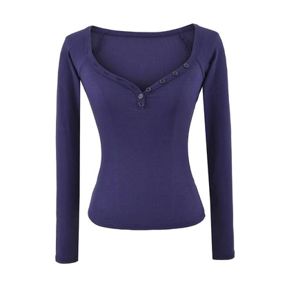 Elegant V-Neck Long-Sleeve Solid Button Blouse