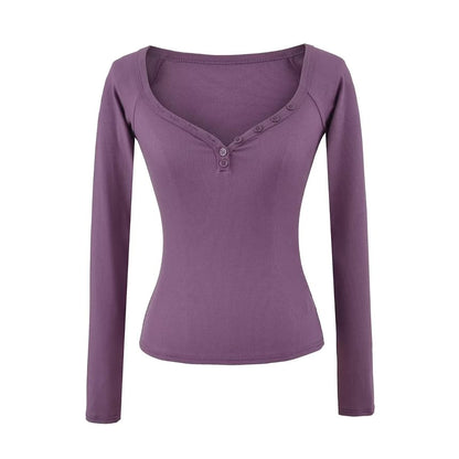Elegant V-Neck Long-Sleeve Solid Button Blouse