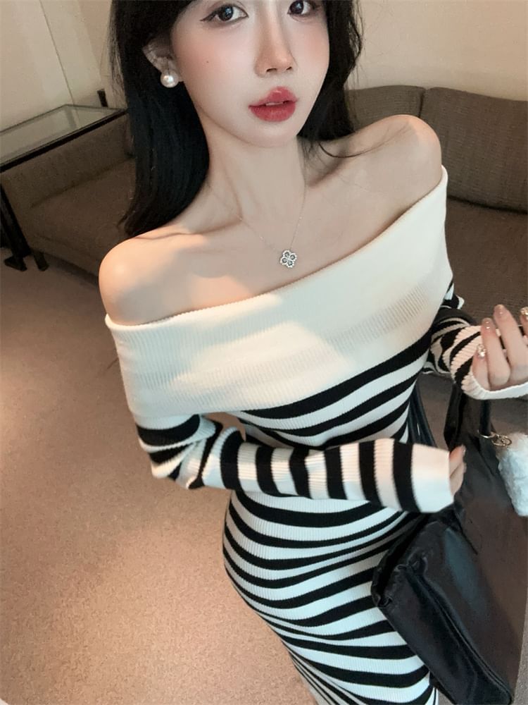 Long Sleeve Off Shoulder Striped Maxi Bodycon Dress