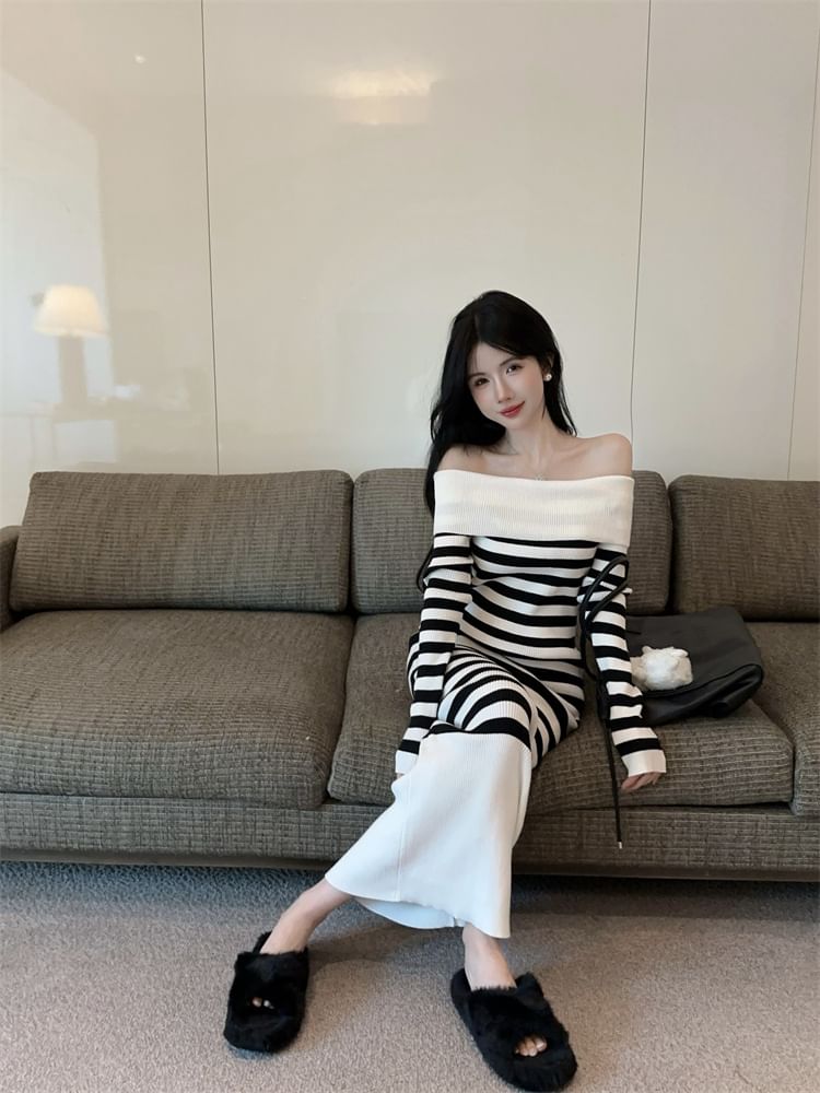 Long Sleeve Off Shoulder Striped Maxi Bodycon Dress