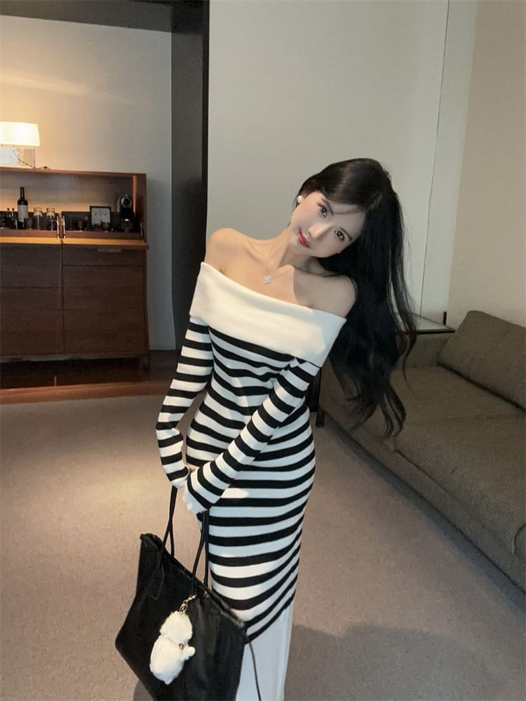 Long Sleeve Off Shoulder Striped Maxi Bodycon Dress