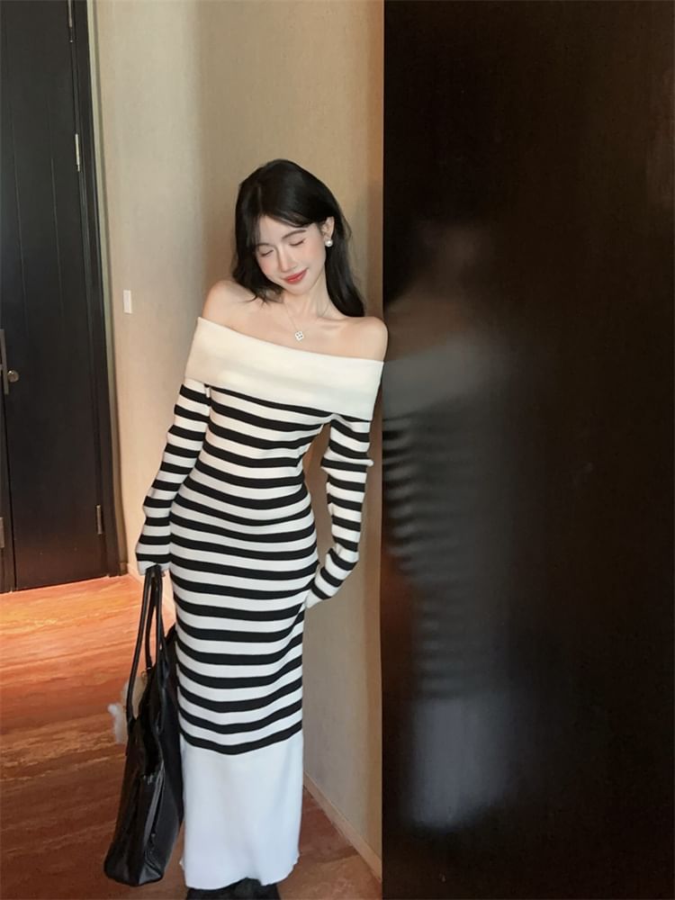 Long Sleeve Off Shoulder Striped Maxi Bodycon Dress