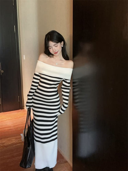 Long Sleeve Off Shoulder Striped Maxi Bodycon Dress