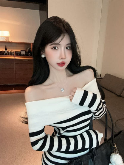 Long Sleeve Off Shoulder Striped Maxi Bodycon Dress