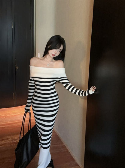 Long Sleeve Off Shoulder Striped Maxi Bodycon Dress