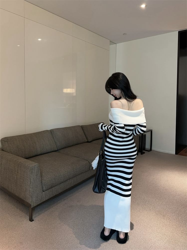 Long Sleeve Off Shoulder Striped Maxi Bodycon Dress