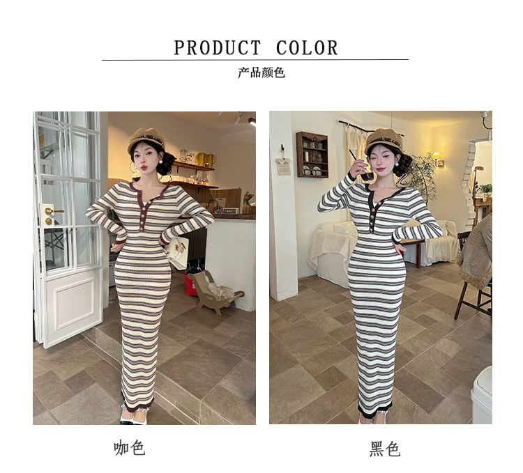 Long-Sleeve Round Neck Striped Knit Maxi Bodycon Dress