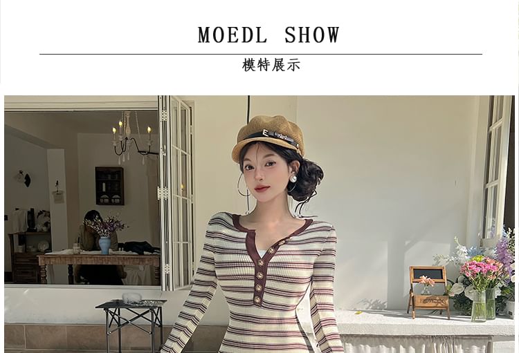 Long-Sleeve Round Neck Striped Knit Maxi Bodycon Dress