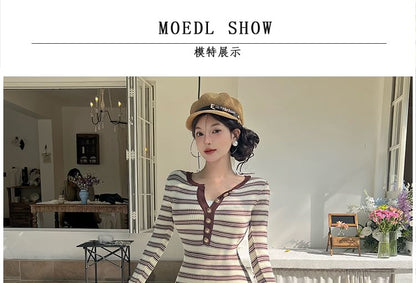 Long-Sleeve Round Neck Striped Knit Maxi Bodycon Dress