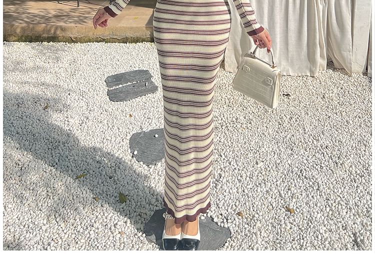 Long-Sleeve Round Neck Striped Knit Maxi Bodycon Dress