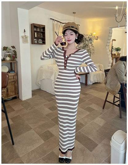 Long-Sleeve Round Neck Striped Knit Maxi Bodycon Dress