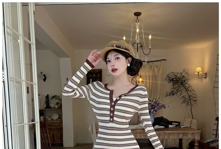Long-Sleeve Round Neck Striped Knit Maxi Bodycon Dress