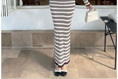 Long-Sleeve Round Neck Striped Knit Maxi Bodycon Dress