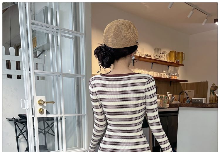 Long-Sleeve Round Neck Striped Knit Maxi Bodycon Dress