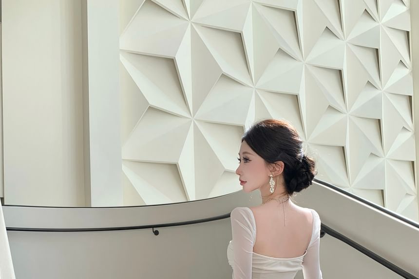 Long-Sleeve Square Neck Plain Ruched Maxi Mermaid  Dress