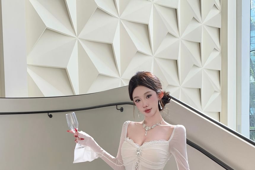 Long-Sleeve Square Neck Plain Ruched Maxi Mermaid  Dress