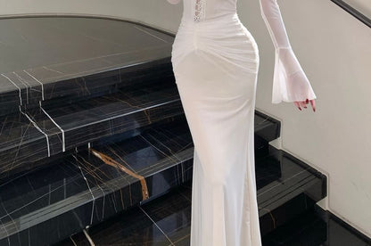 Long-Sleeve Square Neck Plain Ruched Maxi Mermaid  Dress