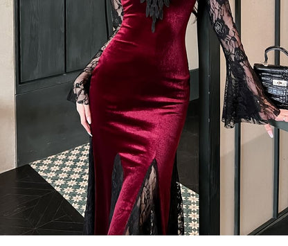 Long-Sleeve Scoop Neck Plain Lace Panel Velvet Maxi A-Line Dress