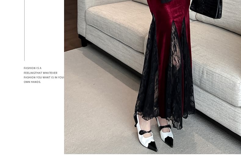 Long-Sleeve Scoop Neck Plain Lace Panel Velvet Maxi A-Line Dress