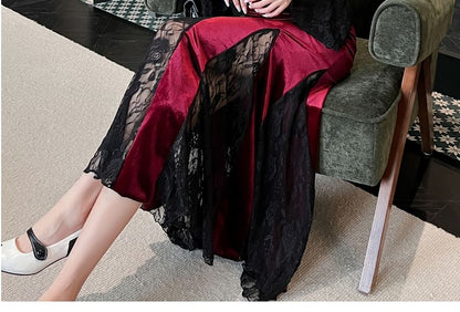 Long-Sleeve Scoop Neck Plain Lace Panel Velvet Maxi A-Line Dress