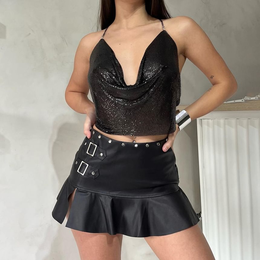 Studded Faux Leather Slit Mini Skirt - A-Line