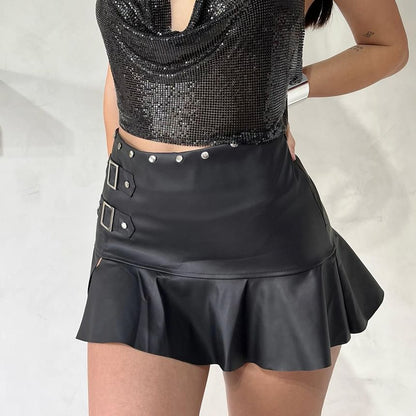 Studded Faux Leather Slit Mini Skirt - A-Line