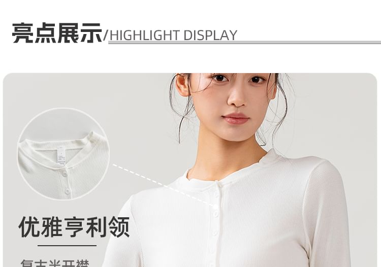 Half-Buttoned Solid Long-Sleeve Top