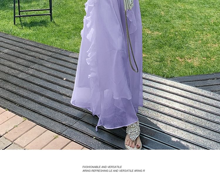 Sleeveless V-Neck Ruffle Plain Maxi A-Line Dress