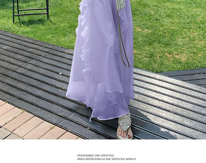 Sleeveless V-Neck Ruffle Plain Maxi A-Line Dress