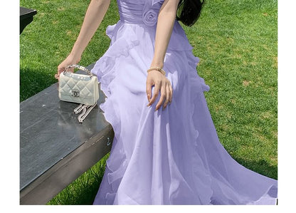 Sleeveless V-Neck Ruffle Plain Maxi A-Line Dress