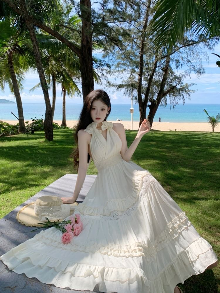 Sleeveless V-Neck Plain Maxi A-Line Dress