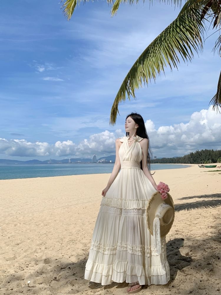 Sleeveless V-Neck Plain Maxi A-Line Dress