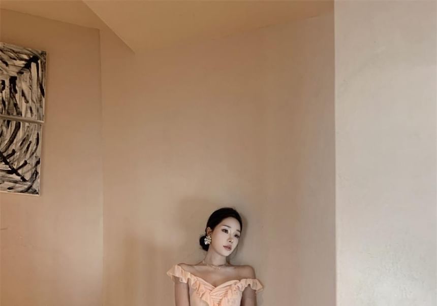 Cap-Sleeve V-Neck Frill Trim Maxi A-Line Dress