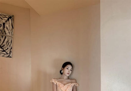 Cap-Sleeve V-Neck Frill Trim Maxi A-Line Dress
