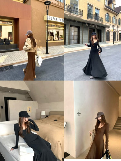 Long-Sleeve Scoop Neck Plain Maxi A-Line Dress