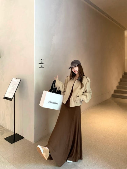 Long-Sleeve Scoop Neck Plain Maxi A-Line Dress
