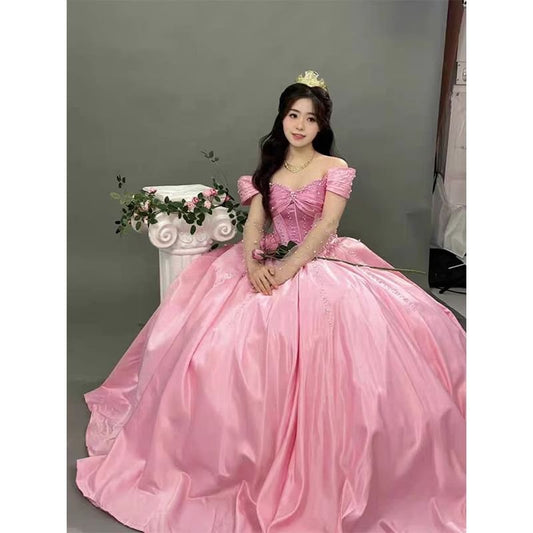 Short-Sleeve Off Shoulder Rhinestone A-Line Evening Gown