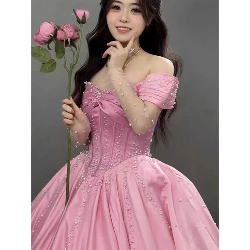 Short-Sleeve Off Shoulder Rhinestone A-Line Evening Gown