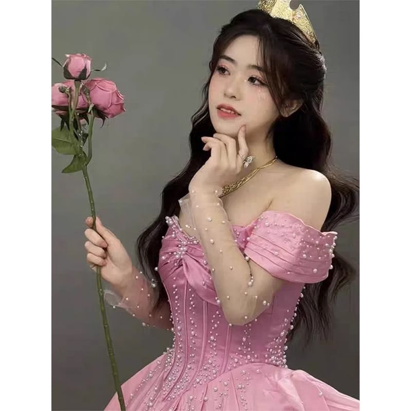 Short-Sleeve Off Shoulder Rhinestone A-Line Evening Gown