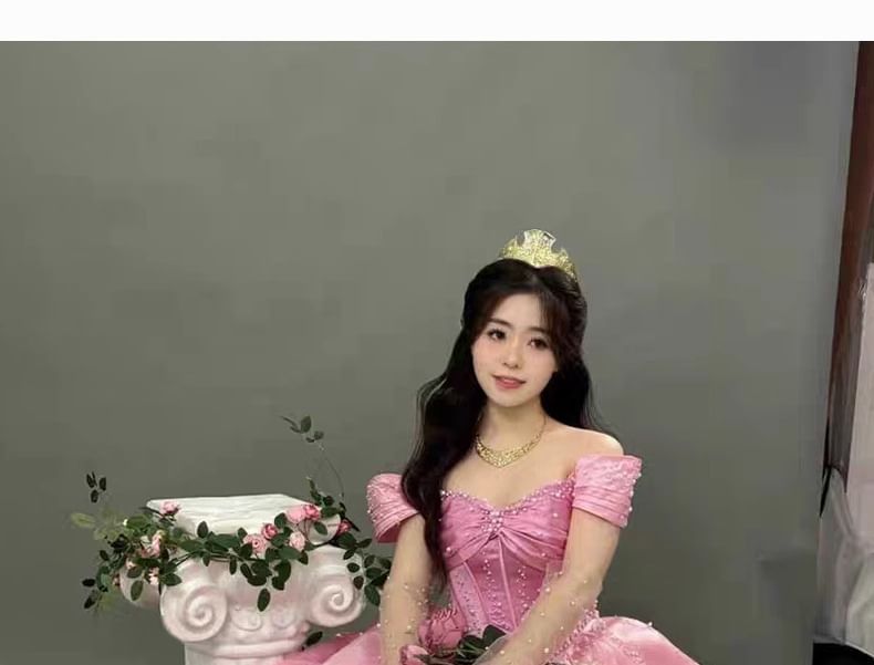Short-Sleeve Off Shoulder Rhinestone A-Line Evening Gown