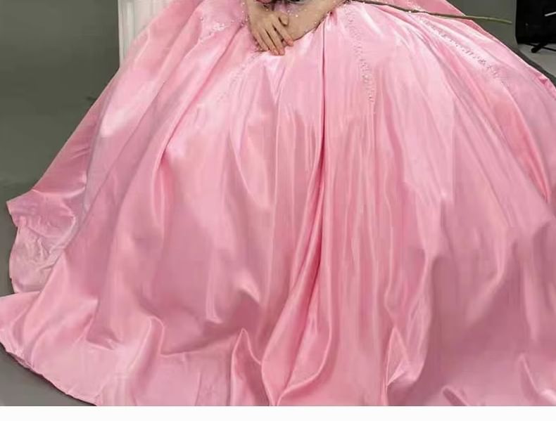 Short-Sleeve Off Shoulder Rhinestone A-Line Evening Gown
